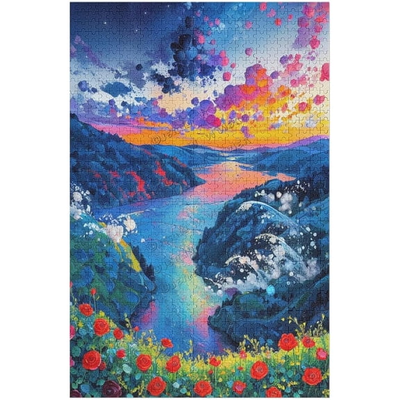Jigsaw Puzzle 500 Pieces, Mountains Park Stream Oil Painting Landscape Puzzle, Family Gathering Activity Game 20.5"x15"