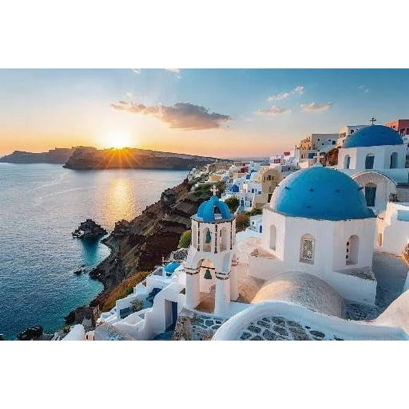 Jigsaw Puzzle for Adults 500 Pieces Santorini Greek Island sea View Wooden Puzzles Best Brain Exercises Educational Gift Home Decor Thick Sturdy Hard Challenging Difficult Party Games Props