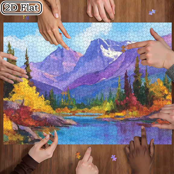 A Jigsaw Puzzle for Adults with 500pcs Featuring Autumn Hues of Mountains And Lakes. The Purple Summits Mirror The Azure Waters, While Vibrant Forests Color The Banks. Engaging Puzzles Offer a The
