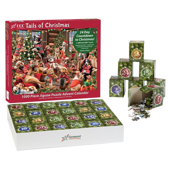 Jigsaw Puzzle Advent Calendar 1000 Pieces - Tails of Christmas Countdown Calendar - Fun Pet Themed Advent Calendar - A Simple Sections® Jigsaw Puzzle - Vermont Christmas Company