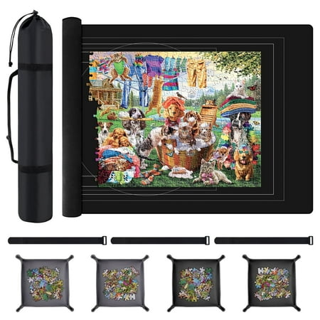 Jigsaw Puzzle Mat Kit for 1500 Pieces, 46x26 Inch Roll-Up Puzzle Saver with Non-Slip Backing, 4 Sorting Trays & Travel Storage Bag