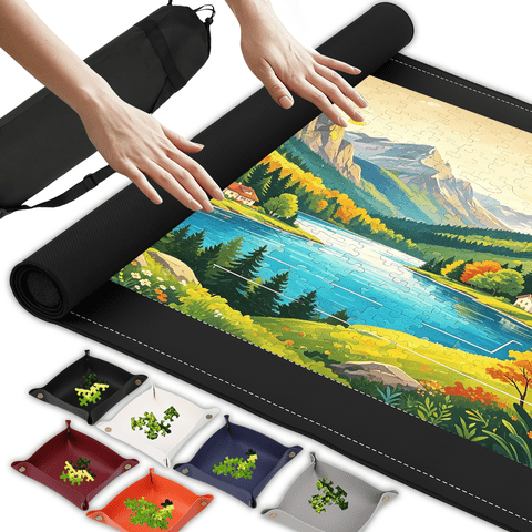Jigsaw Puzzle Mat Kit for 1500 Pieces, 46x26 Inch Roll-Up Puzzle Saver with Non-Slip Backing, 6 Sorting Trays & Travel Storage Bag