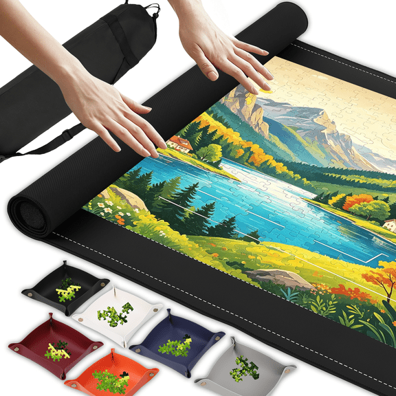 Jigsaw Puzzle Mat Kit for 1500 Pieces, 46x26 Inch Roll-Up Puzzle Saver with Non-Slip Backing, 6 Sorting Trays & Travel Storage Bag
