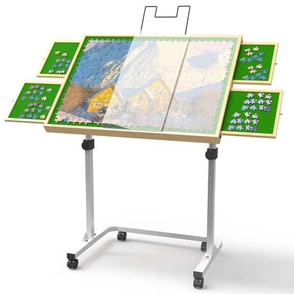 Jigsaw Puzzle Table 1000 Pcs,Adjustable Height&Up Puzzle Board with Legs and Wheels,Puzzle Tables for Adults,Puzzle Board with Cover for Puzzle Doer, White