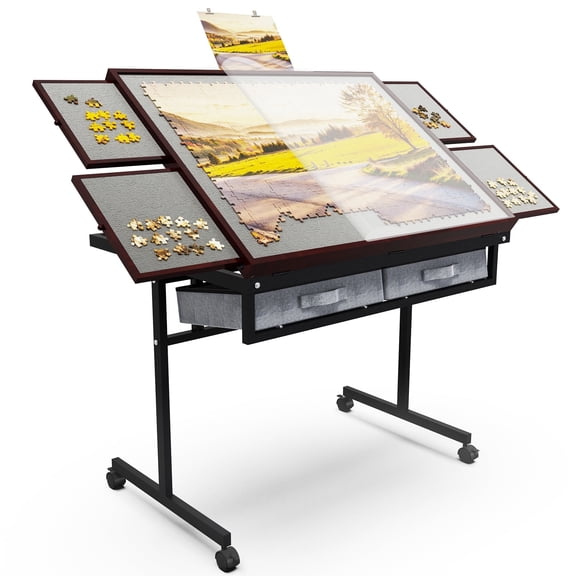 Jigsaw Puzzle Table 1500 Pieces with Drawers, Five Tilt Angle Adjustable Puzzle Board with Legs, Jigsaw Puzzle Table for Adults with Extra Storage Space, Coffee Color