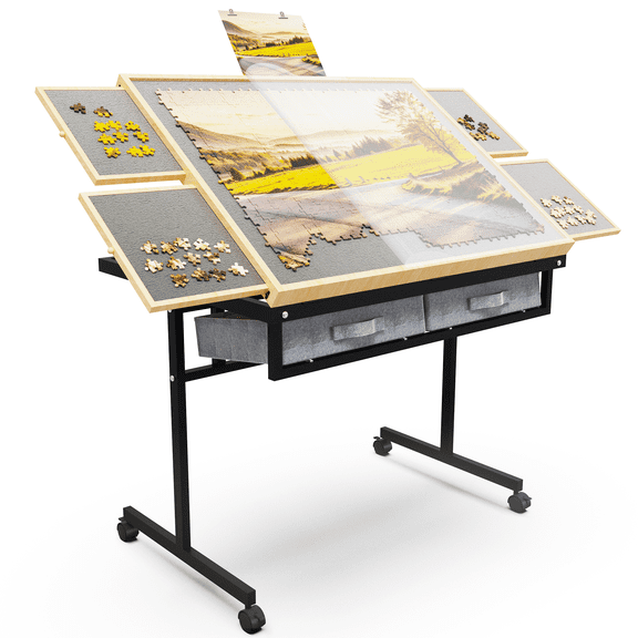 Jigsaw Puzzle Table 1500 Pieces with Drawers, Five Tilt Angle Adjustable Puzzle Board with Legs, Jigsaw Puzzle Table for Adults with Extra Storage Space, White
