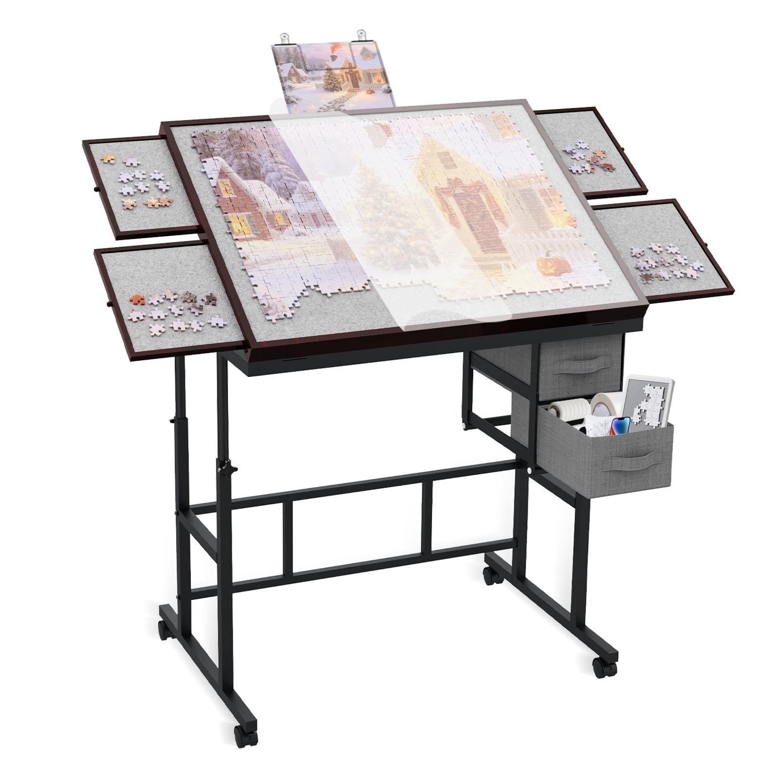 Jigsaw Puzzle Table for Adults with 6 Drawer and Legs, 1500 Pieces Puzzle Table with Protective Cover&Wheels, Adjustable Height and Five up Angles, Coffee&Gray