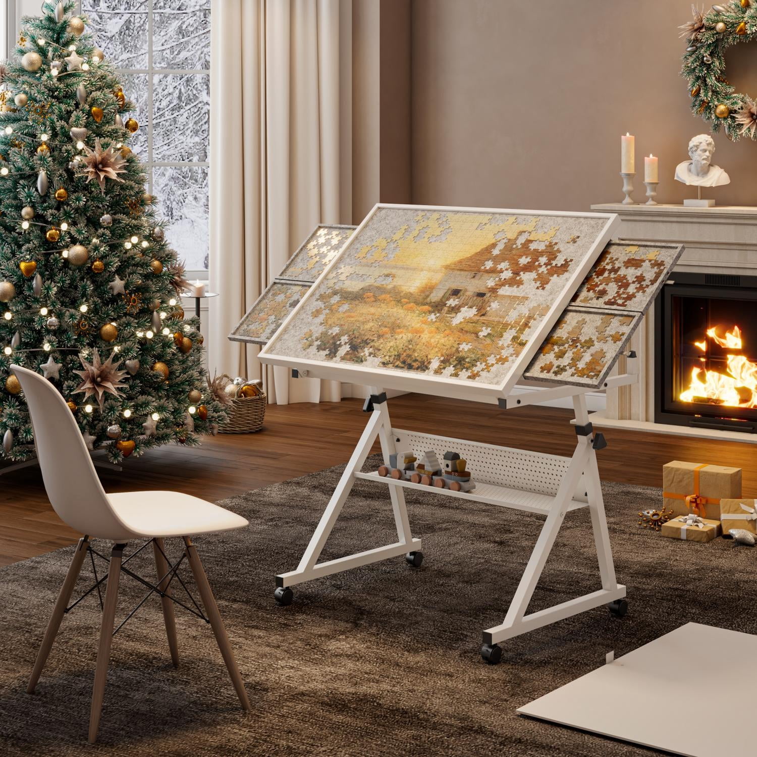 Jigsaw Puzzle Table with 4 Storage Trays and Adjustable Height, Puzzle Board and Craft Table with Tiltable Surface and Wheels for 1500-Piece Puzzles, White