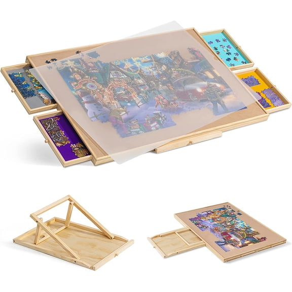Jigsaw Puzzle Table with Integrated Adjustable Stand/Bracket and Removable Cover, 3-Tilting-Angle Wooden Plateau Portable Puzzle Board with 4 Sorting Drawers, for Up to 1500 Pieces