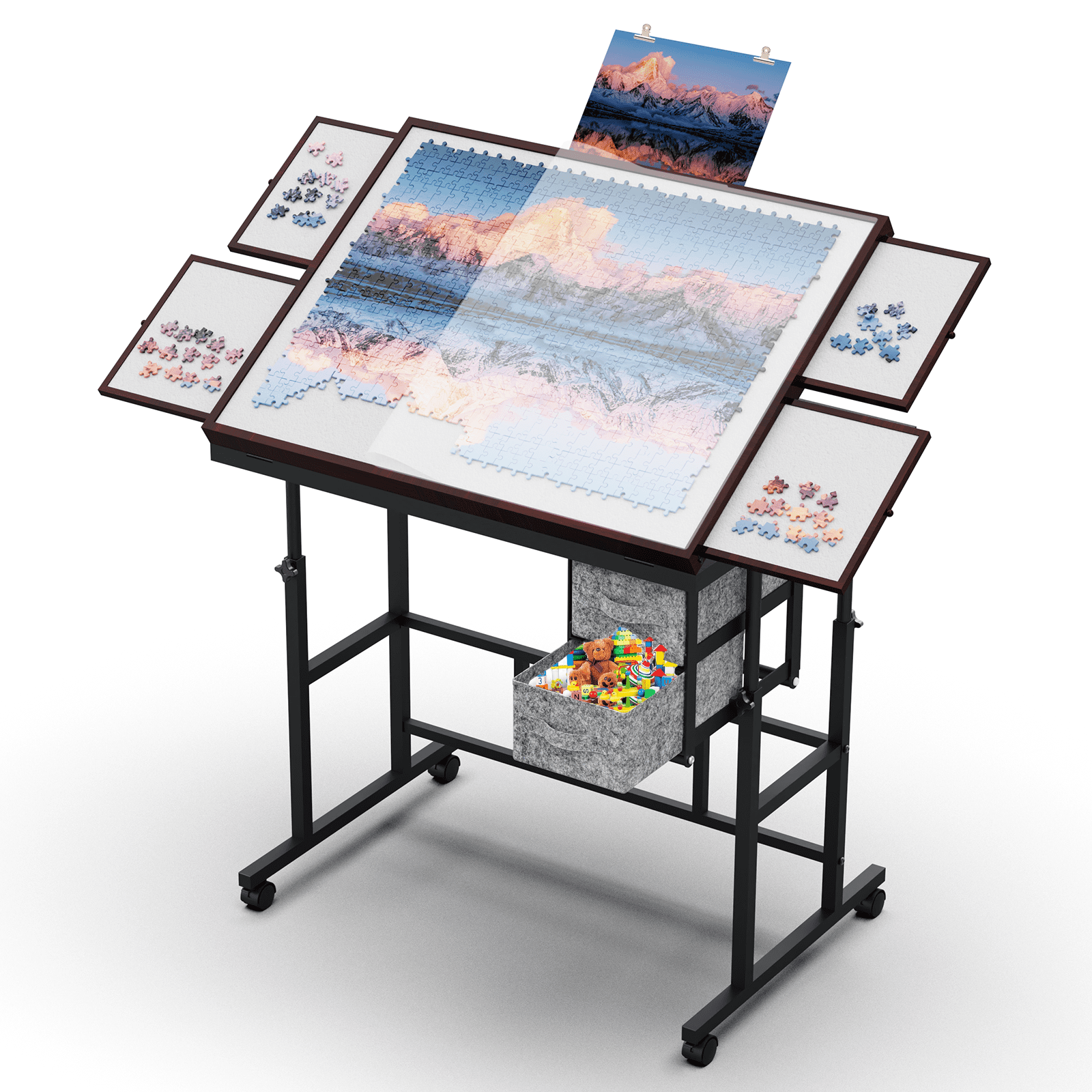 Jigsaw Puzzle Table with Legs and Wheels, Adjustable Height and Angles Puzzle Tables with 6 Drawers for Adults, with Protective Cover, 1500 Pieces, Coffee&Gray