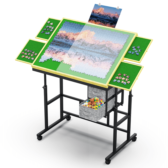 Jigsaw Puzzle Table with Legs and Wheels, Adjustable Height and Angles Puzzle Tables with 6 Drawers for Adults, with Protective Cover, 1500 Pieces, Natural&Green
