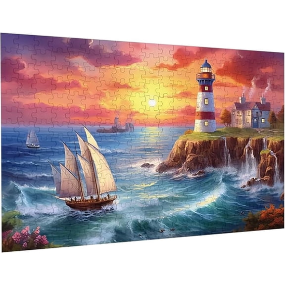 Jigsaw Puzzles 100 Pieces for Adults Sea Beach Lighthouse Sunset Sailboat Formation Wooden Educational Games for Family Friend Home Decoration 11.7'' x 8.2''