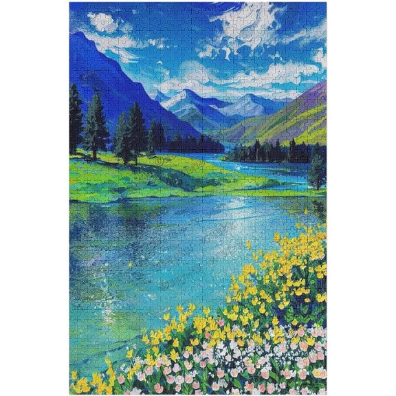 Jigsaw Puzzles 1000 Pieces for Adults Mountains Park Stream Oil Painting Landscape Jigsaw Puzzle 1000 Piece Jigsaw Puzzle Interactive Gift Brain Teaser, Family Activities Games