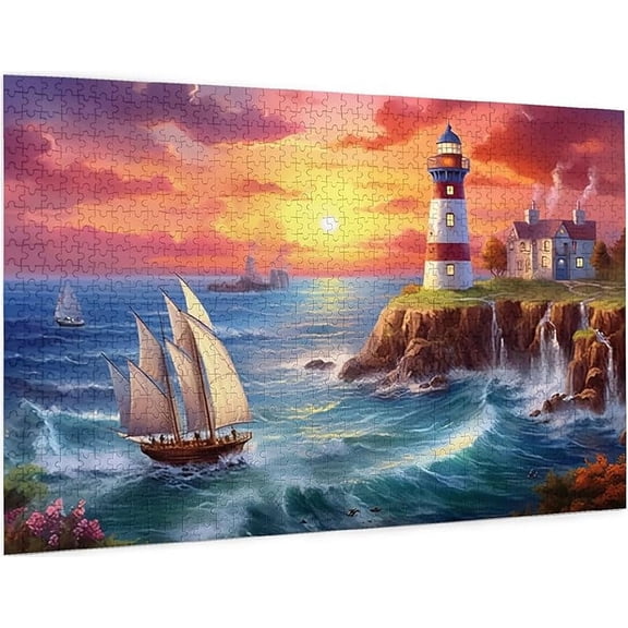 Jigsaw Puzzles 1000 Pieces for Adults Sea Beach Lighthouse Sunset Sailboat Formation Wooden Educational Games for Family Friend Home Decoration Wall Art Gift