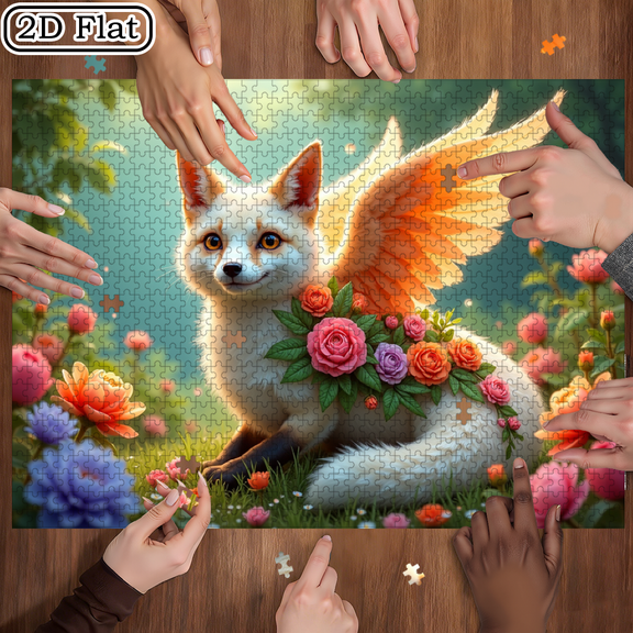 Jigsaw Puzzles - 1000 Pieces, Suitable for Adults Aged 12 and Above. A magical fox in a flower field. 29.4 x 19.6 inches.