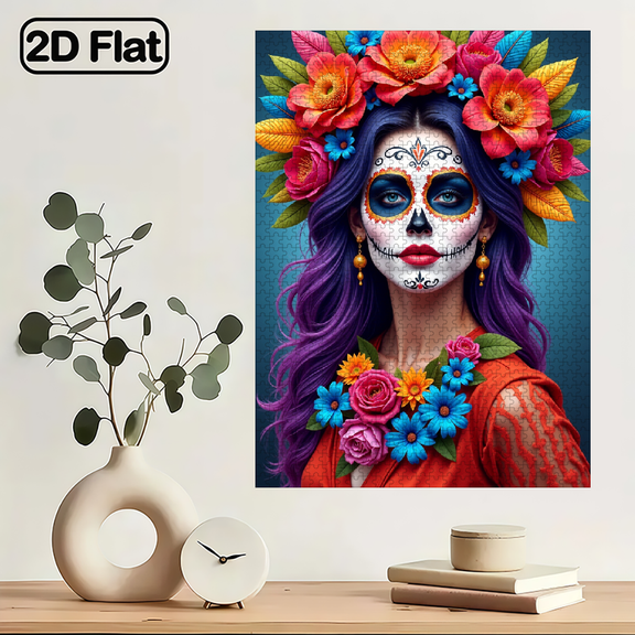 Jigsaw Puzzles - 1000 Pieces, Suitable for Adults Aged 12 and Above. Gorgeous sugar skull flower-pattern portrait, 29.4 x 19.6 inches.