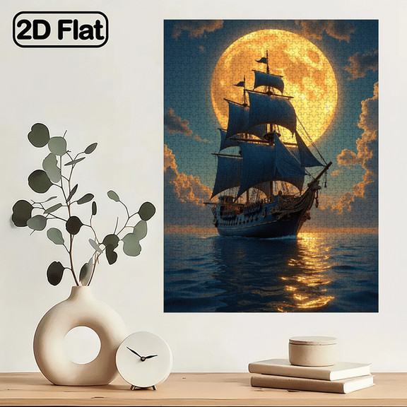 Jigsaw Puzzles - 1000 Pieces, Suitable for Adults Aged 12 and Above. Mystical Full Moon Sailing Voyage. 29.4 x 19.6 inches