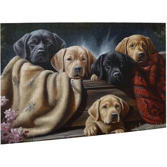 Jigsaw Puzzles 500 Pieces Adults Black Labrador Dog Puzzle with Yellow Chocolate Lab Puppies Formation Wooden to Toys Gift Entertainment Home Decoration