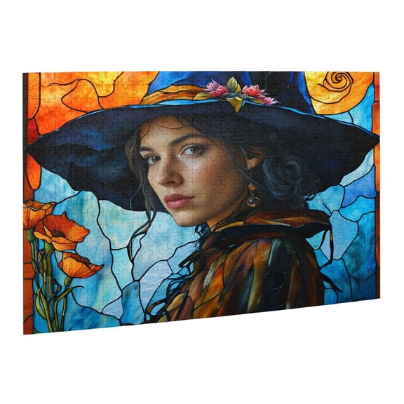 Jigsaw Puzzles 500 Pieces for Adults Stained Glass Witch Sorceress Halloween Puzzle for Adults Colorful Mosaic Puzzle with Letters on Back Hard Impossible Difficult Challenging Family Puzzle