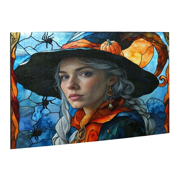 Jigsaw Puzzles 500 Pieces for Adults Stained Glass Witch Sorceress Halloween Puzzle for Adults Colorful Mosaic Puzzle with Letters on Back Hard Impossible Difficult Challenging Family Puzzle
