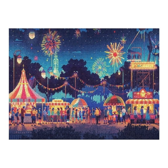 Jigsaw Puzzles - A Bustling Nighttime Fair with Stalls, People, And Fireworks in Pixel Art500 PCSChallenging Puzzle Perfect for Game Nights