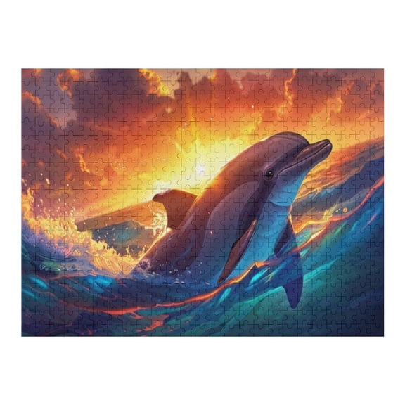Jigsaw Puzzles - A Dolphin Leaping Out of The Ocean Waves during A Vibrant Sunset500 PCSChallenging Puzzle Perfect for Game Nights