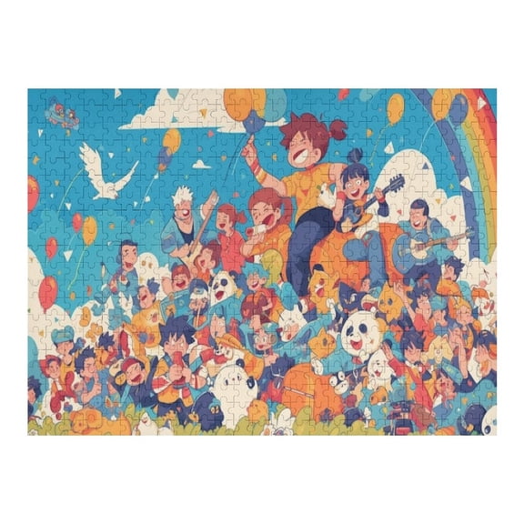 Jigsaw Puzzles - A Large Group of Animated Characters Celebrating with Balloons And A Rainbow500 PCS，Challenging Puzzle Perfect for Game Nights