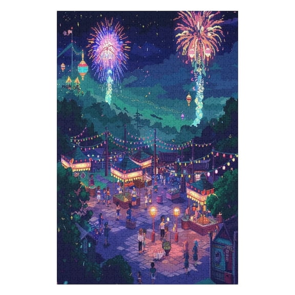 Jigsaw Puzzles - A Nighttime Pixel - Art Festival with Fireworks, Stalls And People Celebrating1000 PCSChallenging Puzzle Perfect for Game Nights