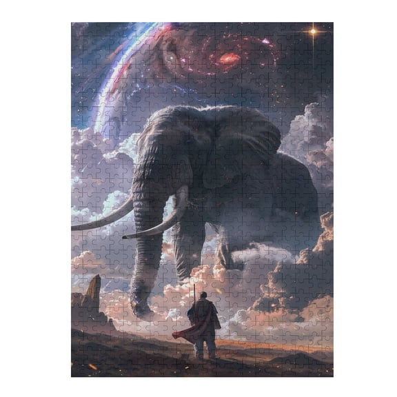 Jigsaw Puzzles - A Person Facing A Giant Elephant Under A Cosmic Sky with Swirling Galaxies500 PCS，Challenging Puzzle Perfect for Game Nights