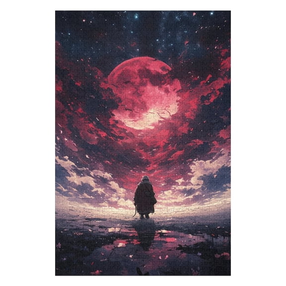 Jigsaw Puzzles - A Person Walking Towards A Large Red Moon in A Starry, Dramatic Night Sky1000 PCS，Challenging Puzzle Perfect for Game Nights