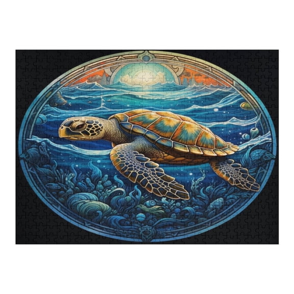 Jigsaw Puzzles - A Sea Turtle Swimming in An Underwater Scene within A Circular, Artistic Frame500 PCS，Challenging Puzzle Perfect for Game Nights