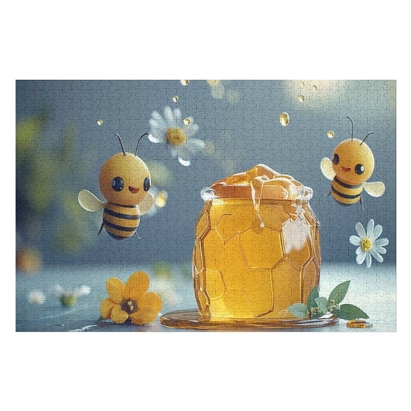Jigsaw Puzzles - Adorable Bees with Smiling Faces near A Honey Jar, Surrounded by Flowers And Honey Droplets1000 PCSChallenging Puzzle Perfect for Game Nights