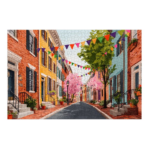 Jigsaw Puzzles for Adults 1000 Pieces Colorful Street Buildings Wooden Puzzles Historic Brick Houses Tree Lined Street Challenging Fun Family Game Party Gifts for Women Men Christmas