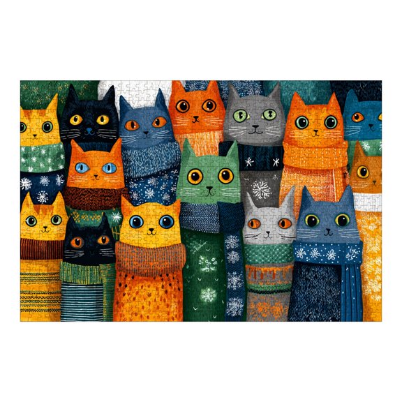 Jigsaw Puzzles for Adults 1000 Pieces Colorful Wintry Cats Wooden Puzzles Multiple Cat Faces Winter Scarves Challenging Fun Family Game Party Gifts for Women Men Christmas
