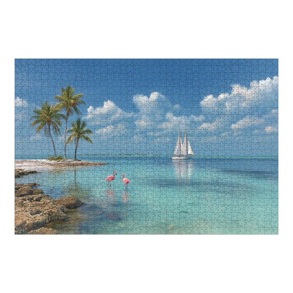 Jigsaw Puzzles for Adults 1000 Pieces Tropical Plam Tree Ocean Wooden Puzzles Pair Sailing Boat Azure Ocean Bay Challenging Fun Family Game Party Gifts for Women Men Christmas