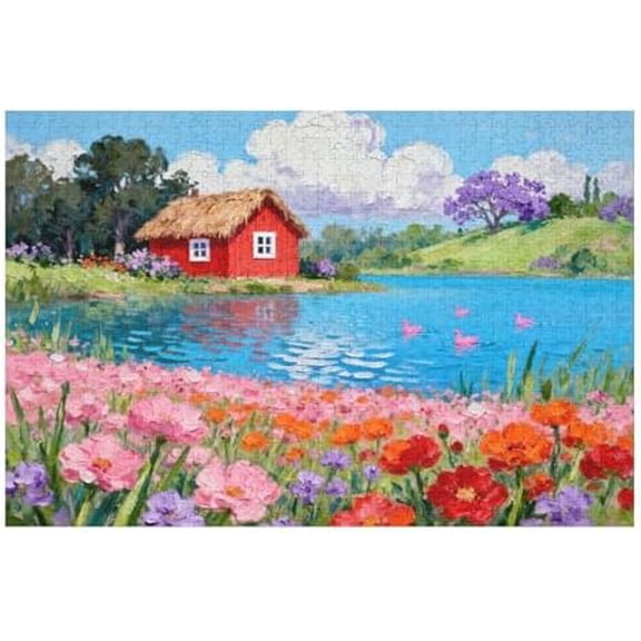 Jigsaw Puzzles for Adults 500 Pieces, Lakeside House Flower Nature Landscape Home Decor Birthday Party Gift for Men Women Elders Seniors,Family Night Game,Finished Size is 20.5x15 in