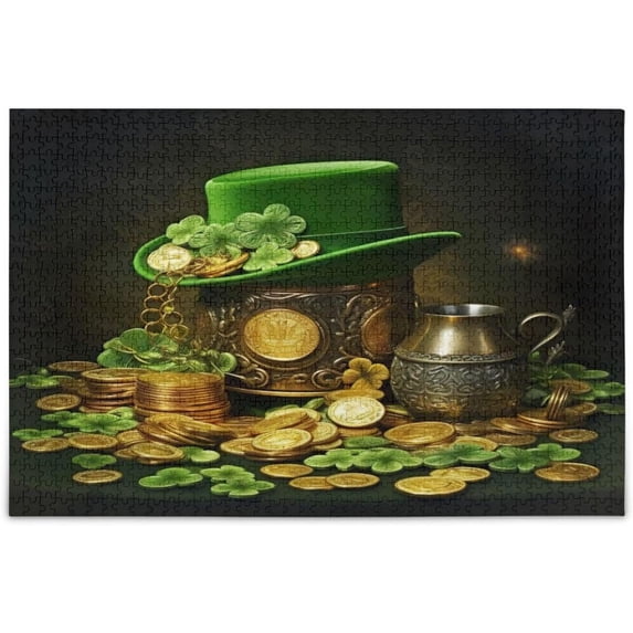 Jigsaw Puzzles for Adults or Kids 500 Piece, Saint Patrick's Hat and Gold Coins Intellectual Decompression Fun Family Puzzles Game for Christmas Holiday Toy Gift