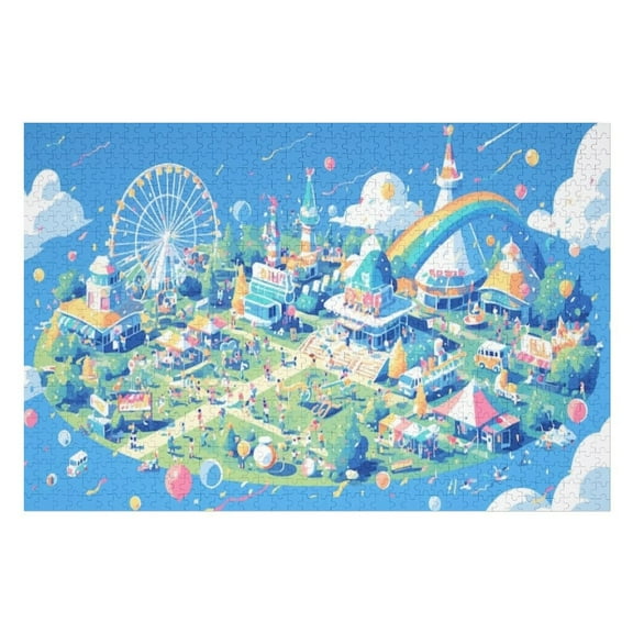 Jigsaw Puzzles - Aerial View of A Vibrant Amusement Park Island with Rides And Celebratory Elements1000 PCS，Challenging Puzzle Perfect for Game Nights
