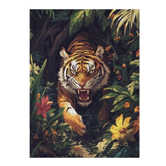Jigsaw Puzzles - Aggressive - Looking Tiger Emerging from Foliage with Vivid Flowers Around It500 PCS,Challenging Puzzle Perfect for Game Nights