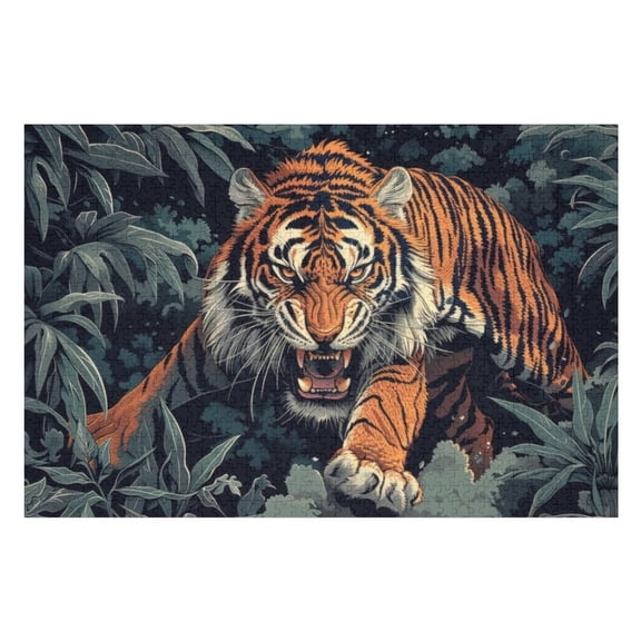 Jigsaw Puzzles - Aggressive Tiger Emerging from Dense Foliage, Showcasing Its Power And Intensity1000 PCSChallenging Puzzle Perfect for Game Nights
