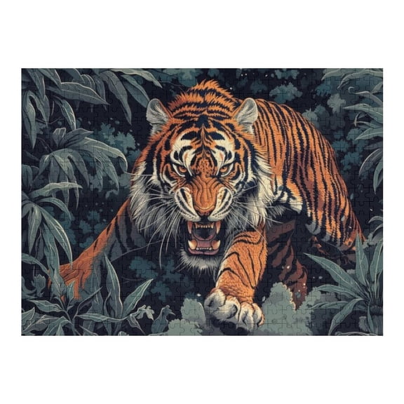 Jigsaw Puzzles - Aggressive Tiger Emerging from Dense Foliage, Showcasing Its Power And Intensity500 PCS，Challenging Puzzle Perfect for Game Nights