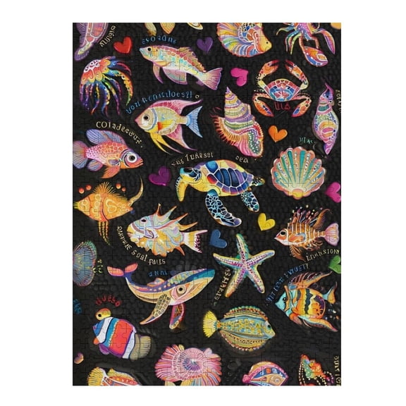 Jigsaw Puzzles - Array of Colorful Marine Creatures Like Fish, Turtles, And Crabs on A Black Background500 PCS，Challenging Puzzle Perfect for Game Nights