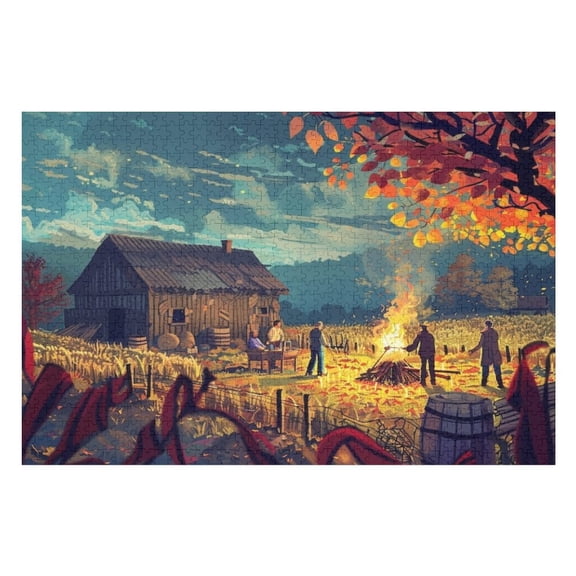 Jigsaw Puzzles - Autumn Night Scene with A Barn, Bonfire And People, Full of Warmth And Coziness1000 PCSChallenging Puzzle Perfect for Game Nights