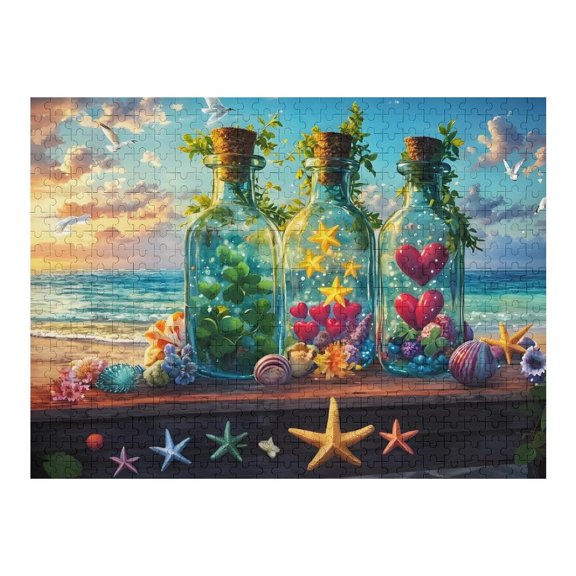 Jigsaw Puzzles - Beach Scene with Three Decorative Glass Bottles Filled with Symbols, Surrounded by Seashells500 PCSChallenging Puzzle Perfect for Game Nights