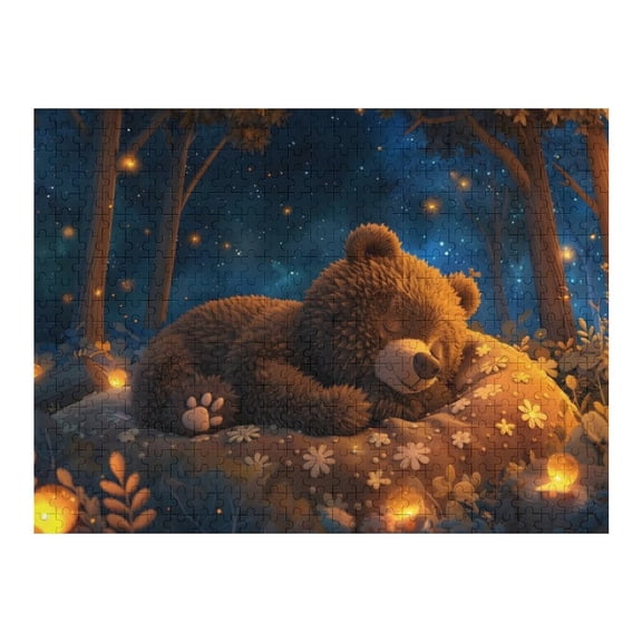 Jigsaw Puzzles - A Bear Sleeping Peacefully on A Flower - Patterned Blanket Under A Starry Night Sky500 PCS，Challenging Puzzle Perfect for Game Nights