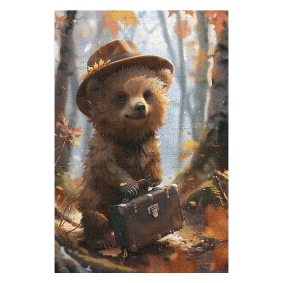 Jigsaw Puzzles - Bear Wearing A Hat, Holding A Suitcase, Ready for An Adventure in Autumn Forest1000 PCSChallenging Puzzle Perfect for Game Nights