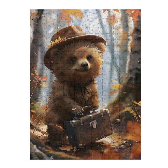 Jigsaw Puzzles - Bear Wearing A Hat, Holding A Suitcase, Ready for An Adventure in Autumn Forest500 PCSChallenging Puzzle Perfect for Game Nights