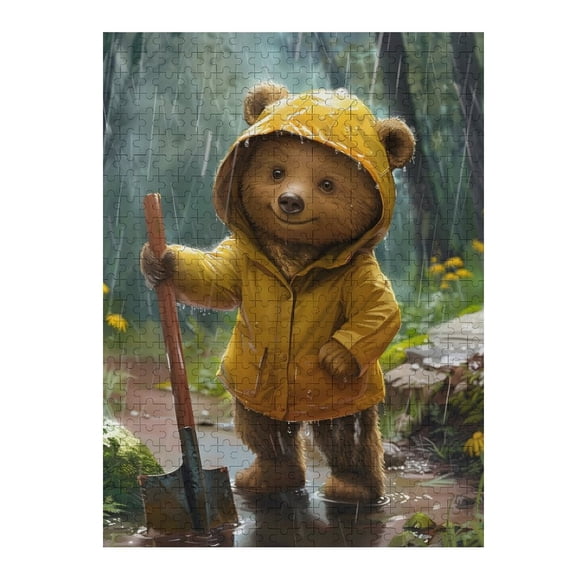 Jigsaw Puzzles - Bear in A Yellow Raincoat Holding A Shovel, Standing in The Rain in A Forest500 PCSChallenging Puzzle Perfect for Game Nights
