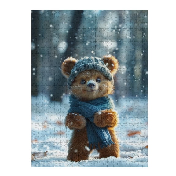 Jigsaw Puzzles - Brown Bear Dressed Warmly, Standing in A Snowy Forest500 PCSChallenging Puzzle Perfect for Game Nights