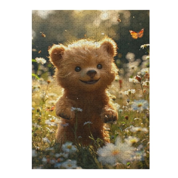 Jigsaw Puzzles - Brown Bear Joyfully Interacting with Butterflies in A Sunlit Flower Field500 PCS,Challenging Puzzle Perfect for Game Nights